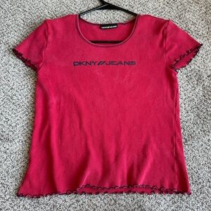 DKNY Jeans Y2K Crop Top Baby Tee Red Lettuce Hem Line